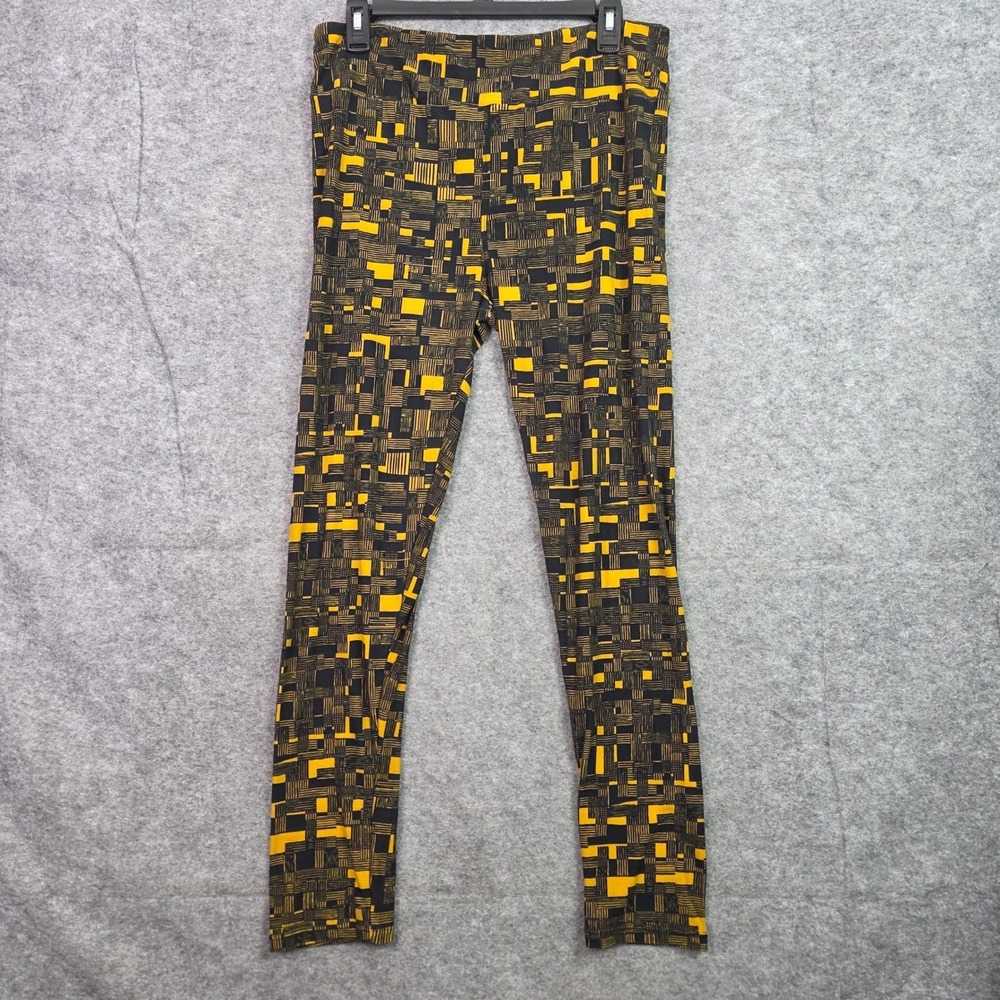 LuLaRoe Tall & Curvy Leggings Black Mustard Yellow Geometric Grid Print